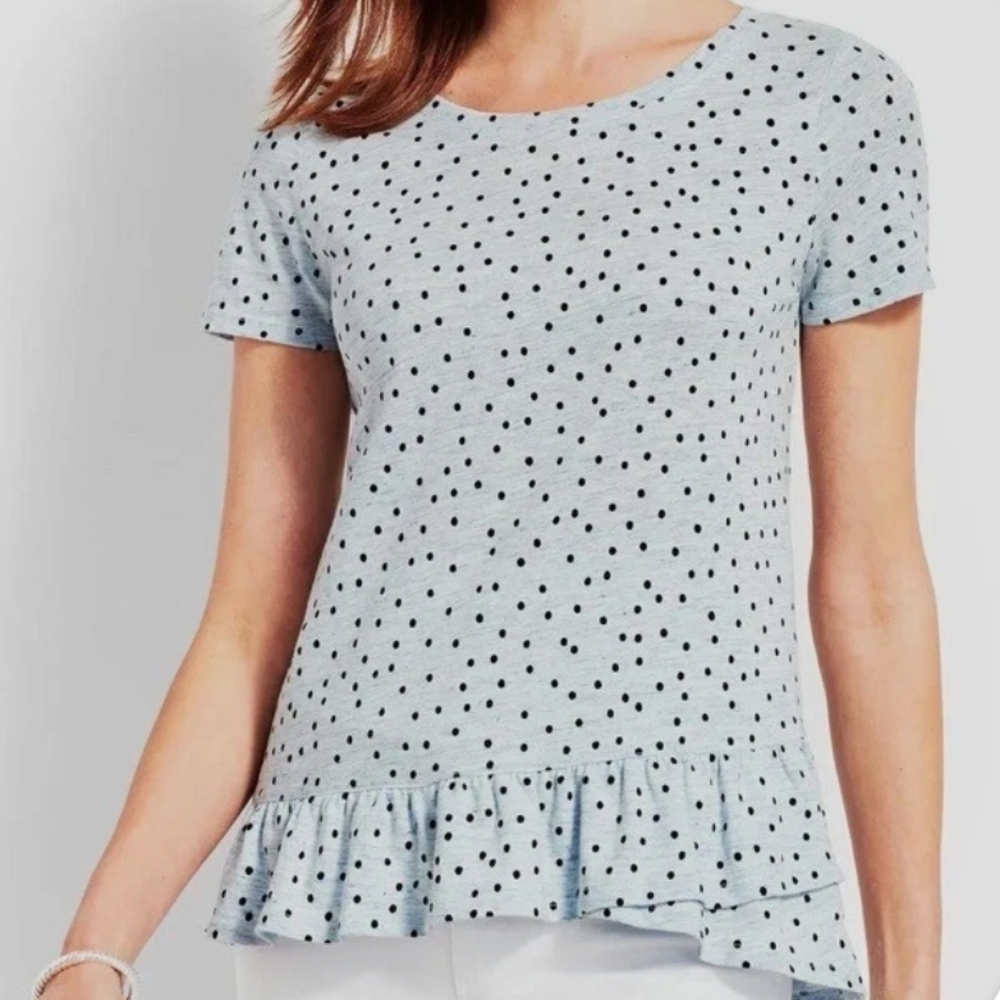 Talbots Light Blue Martique Dot Print Ruffle Trim T Shirt Large Petite